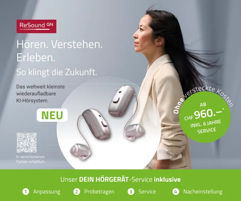 Frau im Profil, davor ReSound-Hörgeräte – ab CHF 960.– inklusive 6 Jahre Service