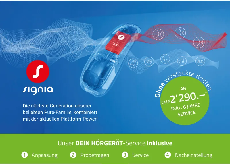 Signia-Hörgerät in transparenter Darstellung – ab CHF 2’290.– inklusive 6 Jahre Service